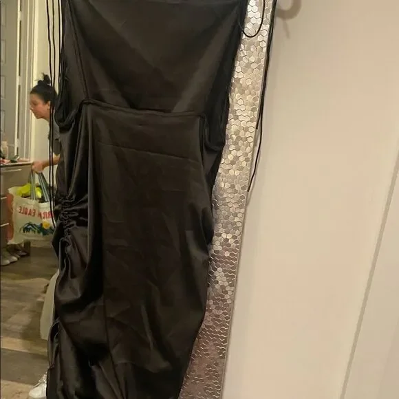 [boutique] drawstring black satin dress #2